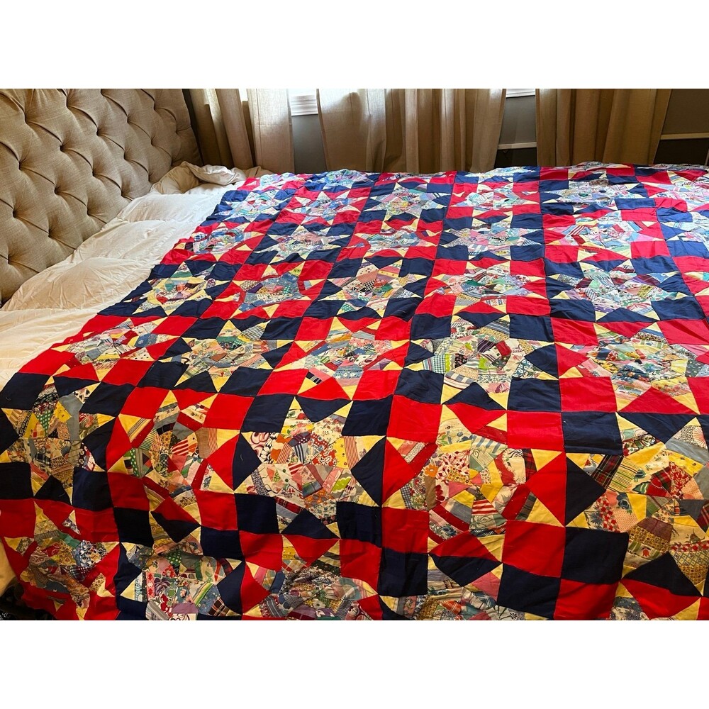 Vintage Handstitched Quilt Topper Red Navy Star Pattern Cottage core 82” x 71” - Picture 2 of 11